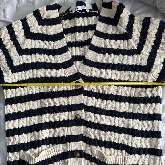 ZARA Striped Cotton Navy and Cream Women's Cardigan - Picture 9 of 10